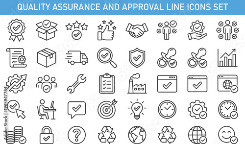 Quality assurance and approval line icons set including checklist verification, certification, customer satisfaction, product quality control, service guarantee
