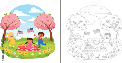  Children picnic celebration, waving American flags, spring outdoor scene, patriotic holiday, colorful illustration, family fun, blossoms, cheerful gathering, nature joy