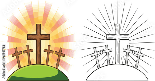  Christian cross illustration, crucifixion Jesus Calvary three crosses hill sunrise rays spiritual faith Easter resurrection religious symbol vector design background