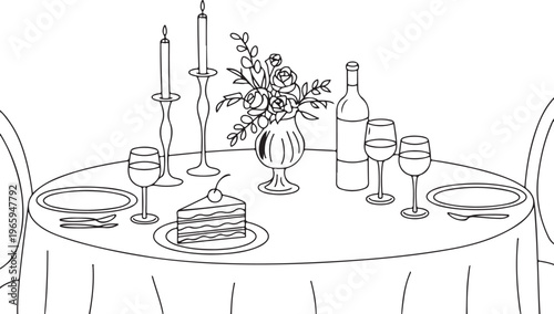 Romantic dinner table setting with cake candles wine glasses and flowers for special occasion celebration date.