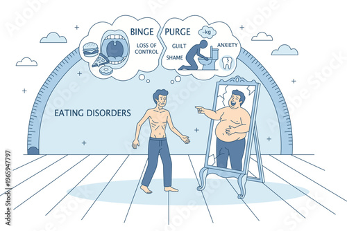 Mental health concept: man struggling with eating disorder and body dysmorphia. Binge eating and purging metaphor with mirror reflection and anxiety. Psychological guilt, shame and weight obsession.