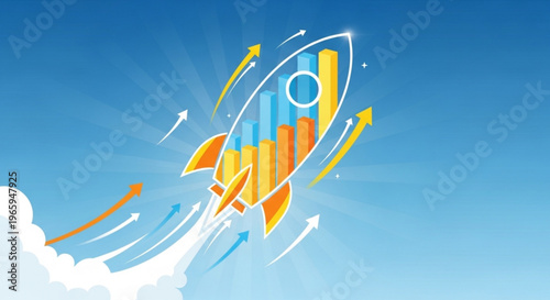 Rocket ship soaring upwards with colorful bar chart and arrows on blue sky background with clouds