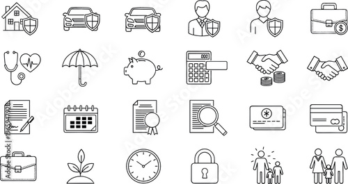 Insurance, Security, and Finance Icon Set Featuring Protection, Health, Money, Contracts, and Family for Websites, Apps, and Digital Media