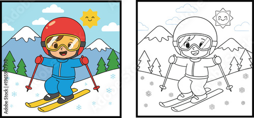 Cute boy skiing on snowy mountain with pine trees and sun illustration for children's winter sports coloring book preschool activity.