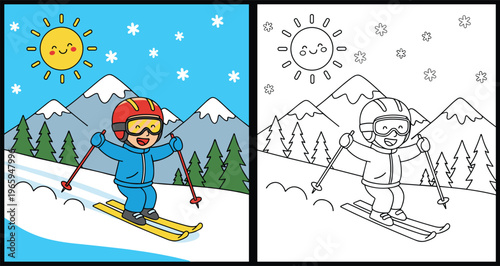  Cute cartoon boy skiing down snowy mountain with pine trees and sun including black and white coloring page version isolated,
