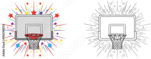  Cute cartoon construction worker showing building plans to diverse children including black and white coloring page version isolated white background,