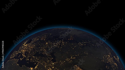 Nighttime view of earth from space illuminated city lights resolution rotating globe with atmosphere dark background planet earth view