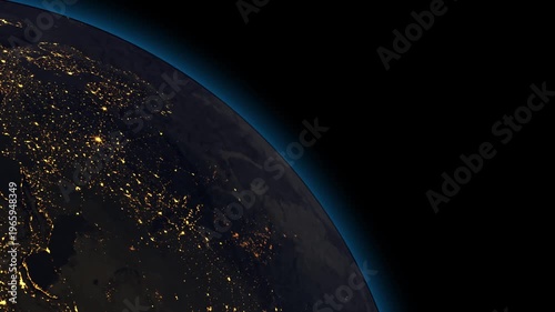 Earth rotation timelapse with city lights at night from space viewpoint globe rotating on dark background with illuminated urban areas