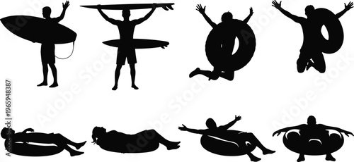 Set of surfing and inflatable tube silhouettes, people carrying surfboards, jumping and relaxing on floats, summer beach vacation water sport lifestyle vector illustration