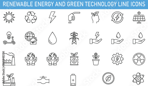 renewable energy and green technology line icons set, solar wind power recycling sustainable electricity eco environment vector outline collection