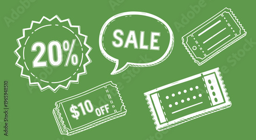 A digital illustration of discount coupons on a green background, conveying savings and promotions.