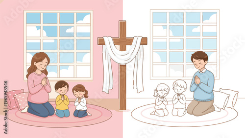  Cute cartoon family praying together at home with cross including black and white coloring page version isolated on white background,