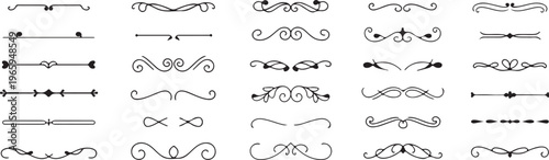 Decorative dividers and calligraphic swirls set isolated on transparent background for page ornament and wedding card decoration.