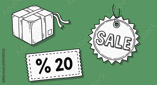 An illustration of a gift box with a discount coupon, conveying savings and presents in a playful, cartoon style.