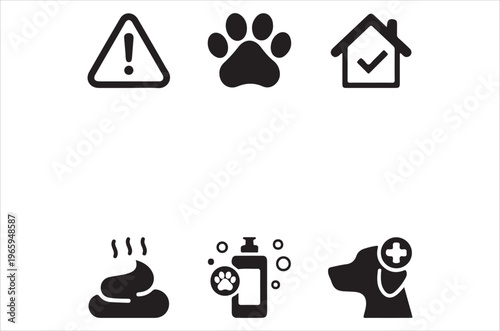 Simple black icons depicting pet care safety and house training