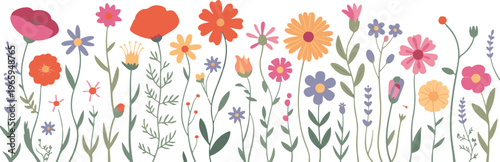 Vibrant field of diverse wildflowers with various colors and shapes, growing upwards against a transparent background.