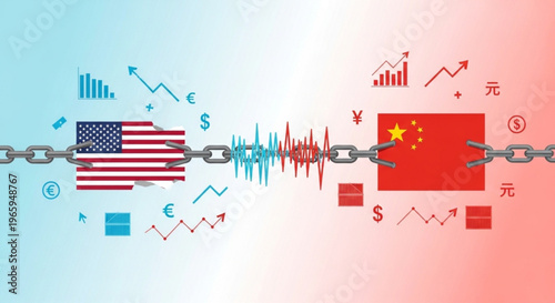 Global trade relations usa and china flags with financial symbols and chain