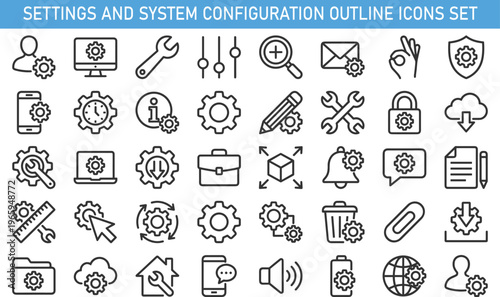settings and system configuration outline icons set, technology tools interface maintenance management vector icons collection for software development system control and digital settings