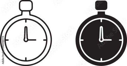 Two black and white stopwatch with outline and solid fill styles showing a clock face with hands pointing to three oclock