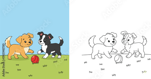  Cute cartoon kawaii Christmas tree with smiling face and colorful ornaments including black and white coloring page version isolated white,