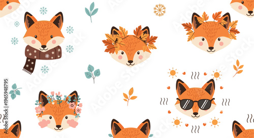 Adorable Seasonal Fox Head Vector Collection with Floral Crowns, Scarves, and Cute Accessories, Featuring Autumn, Winter, and Spring Themes