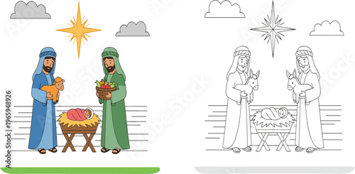 Cute cartoon nativity scene with baby Jesus in manger and two shepherds including black and white coloring page version isolated,