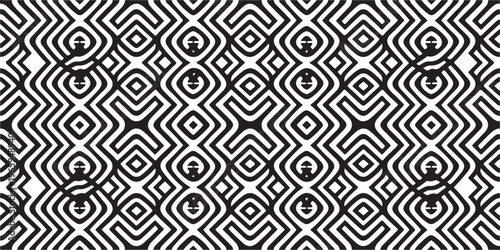 Abstract geometric pattern with black maze like lines on grey background for modern interior decor and dynamic visual art.