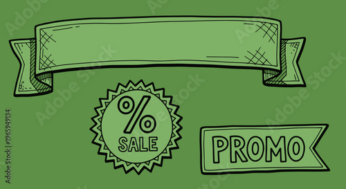 A green illustration of a sale banner with a percent symbol, conveying a sense of discount and savings, ideal for marketing and advertising materials.