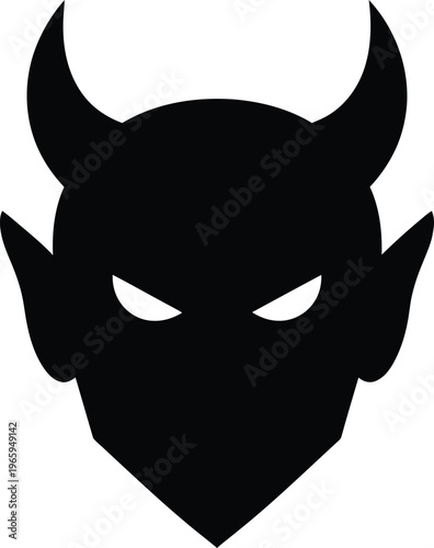 A minimalist black silhouette icon of a devil head featuring sharp horns and glowing white eyes Vector