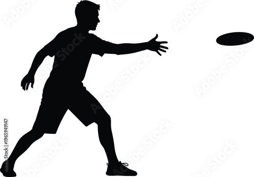 Silhouette of a man throwing a frisbee on a transparent background.