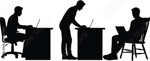 Silhouettes of people working at desks and one standing with a laptop computer on a transparent background.