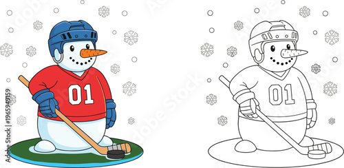  Cute cartoon snowman hockey player wearing jersey and helmet holding stick including black and white coloring page version isolated white,