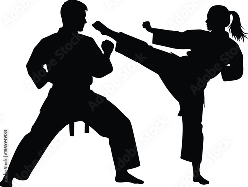Silhouettes of a man and woman practicing karate or martial arts with kicks on transparent background.