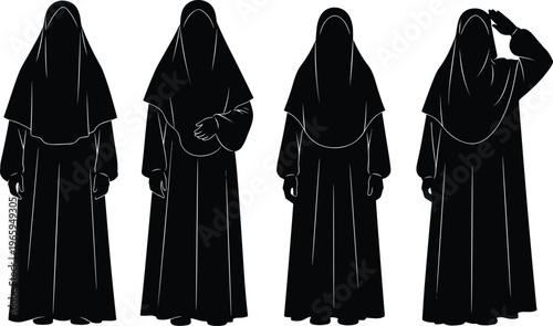 Silhouettes of four women wearing niqabs, full body view.
