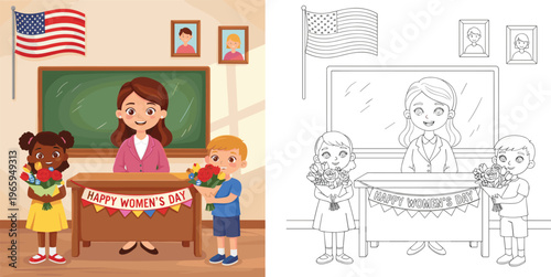  Cute cartoon teacher and diverse students celebrating Happy Women's Day USA in classroom including black and white coloring page version,