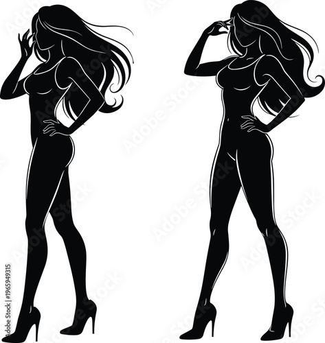 Silhouettes of two fashionable women posing in swimsuits.