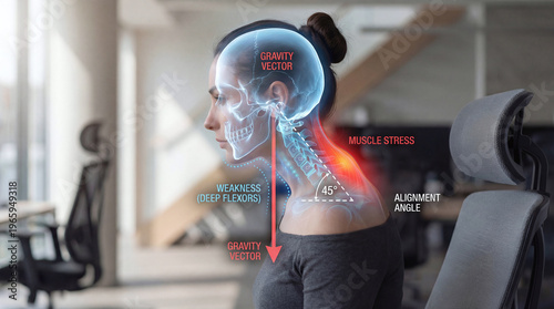Tech neck pain and forward head posture shown with 3D anatomical spine overlay on office worker.