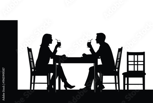 Silhouettes of man and woman at table with drinks, romantic dinner scene.