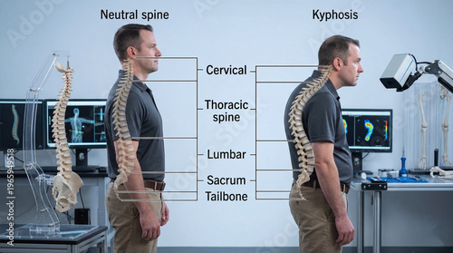 Spinal posture comparison showing neutral spine vs kyphosis with anatomical bone overlay on a man.