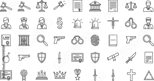 Law and Justice Icon Set Featuring Gavel, Court, Police, Shield, Gun, and Legal Documents for Websites, Apps, and Digital Media