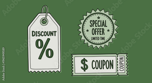 An illustration of a discount tag on a green background, conveying savings and promotions.