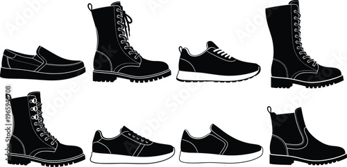 Eight black silhouettes of shoes including boots sneakers and loafers.