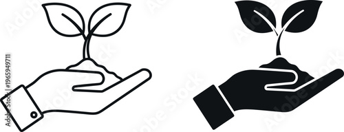 Hand Holding Small Green Plant Sprout Seedling in Soil Soil Icon Set for Environment Ecology Growth Investment and Sustainability Concept