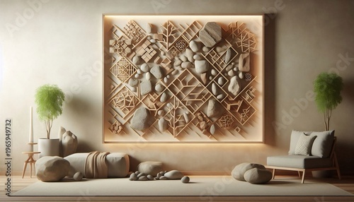 Exquisite Textured Wall Art Installation in a Modern Living Room Setting.