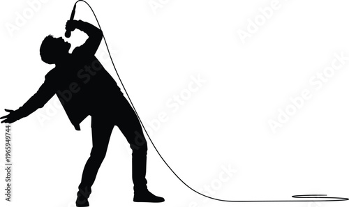 Silhouette singer performing with microphone on transparent background.