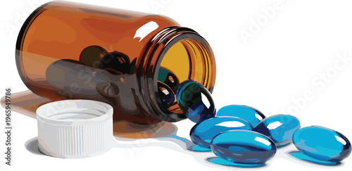 Blue Softgel Capsules Spilling from Amber Medicine Bottle Vector Illustration