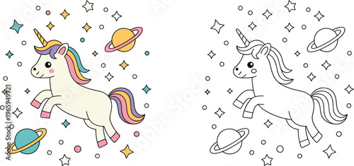  Cute, unicorn, in, space, coloring, page, for, kids, with, colorful, character, and, black, white, outline, vector, illustration, planets, stars, children.
