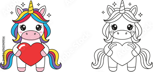  Cute, unicorn, holding, red, heart, coloring, page, for, kids, with, colorful, character, and, black, white, outline, vector, illustration, children, love.