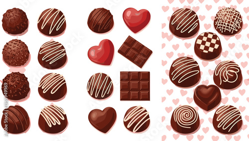 Assorted chocolate candies collection with truffles hearts and pralines in flat vector style, sweet confectionery set isolated on white background for Valentine design