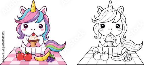  Cute, unicorn, picnic, eating, cupcake, fruit, coloring, page, for, kids, with, colorful, character, and, black, white, outline, vector, illustration, children.